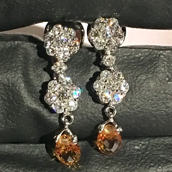 18K 2.4CT VVS / F NATURAL DIAMOND DESIGNER WHITE GOLD DANGLE CITRINE EARRINGS - Picture 3 of 3
